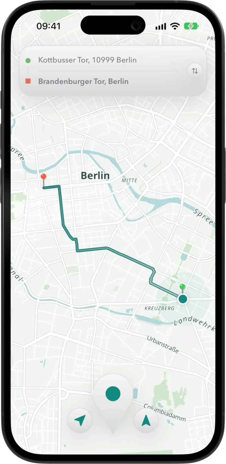bbybike showing a bike route from Kottbusser Tor to the Brandenburg Gate on a map of central Berlin